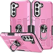 [YOUULAR] Case for Samsung Galaxy S21 FE Metal CD Pattern Ring Holder Mobile Phone Case Shockproof Anti-Drop Protective Phone Cover for Samsung S21 FE Military Cases[Support Car Holder] Pink