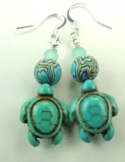 Turquoise Howlite Turtle Dangle Earrings & Polymer Clay Beads Handmade