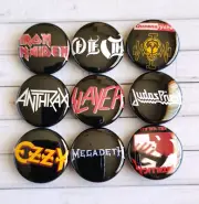 1980s METAL BANDS Badge Set Lot Pins x 9 (25mm) Slayer Anthrax Metallica