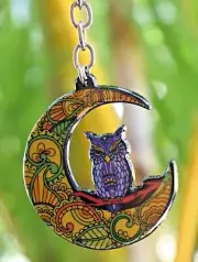 Blue OWL on CRESCENT MOON KEYRING ZIPPER PULL Lucky Charm Bird Talisman