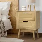 Rattan Bedside Table 2 Drawers Wood Oak Nightstand Storage Furniture Home 02-WD