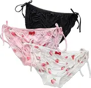 [Kurop] 4 Pack Japanese Girl Underwear Strawberry Pattern Panties Women's undies Pants Briefs Sexy Ribbon Adjustable Sides Tie…