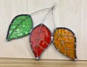 Stained Glass Suncatcher Three Leaf Green Red Yellow Unique Only One Available