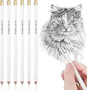 Pack of 6 White Professional Drawing Charcoal Pencils Soft Non-Toxic Wooden Eraser in Pen Shape Fine Erasing for Drawing Beginners and Artists for Sketches, Highlights and Coloured Illustrations