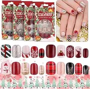 EBANKU 96 Pcs Christmas Fake Nails, Short Press on nail Full Cover False Nail Kits with 96Pcs Nail Adhesive Tabs, Snowflake Christmas Tree Elk Design Nail for Women Girl Nail Art Decoration