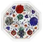 White Marble Coffee Table Top Multicolor Gemstone Inlay Work Patio Side Table