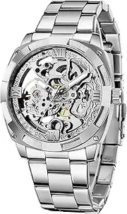 [carlien] Skeleton Automatic Steampunk Watches Gold-Tone Luminous Hands Leather Strap Wrist-Watch