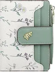 [Farcauo] Cute Green Wallet for Women and Ladies Minimalist Flower Design Leather Coin Purse with Credit Card Holder and ID Window Kawaii Travel Cash Wallet for Ladies