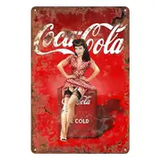 Coca Cola Lady In Red Ice Cold Drink Tin Metal Sign Rustic Look Vintage