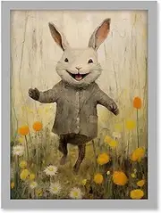 Raincoat Rabbit Happy Bunny Flower Meadow Kids Girls Bedroom Nursery Artwork Framed A3 Wall Art Print