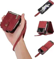 [UEEBAI] Case for Samsung Galaxy Z Flip 4 5G, 3 Card Slots Retro Leather Wallet Shockproof Flip Cover with Hand Strap Card Slots Zipper Pocket Kickstand Handbag Magnetic Closure - Retro Red Wine