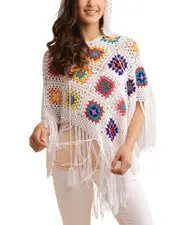 SAACHI White Square Crochet Fringe Poncho