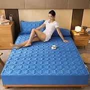 Cotton Solid Colors Quilted Thick Mattress Cover Acts As A Fitted Sheet and Bed Cover Suitable for Queen and King Size Beds,Blue 2,180X220X25CM