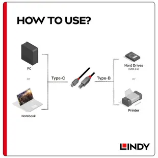 LINDY林帝 Type-C to B USB2.0 Type-C 公 TO Type-B 公 傳輸線 1公尺 2公尺