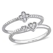 Amour Sterling Silver Diamond Floral & Double Heart Promise 2 Rings Set