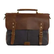 Handmade Waxed Canvas & Leather Satchel Messenger Bag - Dark Grey/Brown