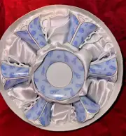 New Imperial 12 Pcs Porcelain Set Embossed Feathers Blue White Handle Gold Trim