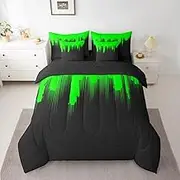 Feelyou 7 Piece Green Black Bedding Sets Abstract Bed in A Bag Teen Kids,Modern Art Geometric Full Bedding Sets Luxury Comforter Microfiber Bed Set for Home Decor