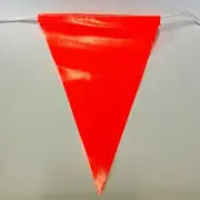 Orange Bunting Safety Flags 30M 10PK Triangle PVC Flag White Rope 18 x 22cm.
