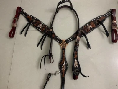 Western Dark brown Leather Set of One Ear Headstall and Breast collar : 965