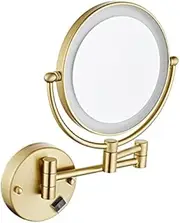 Wall Mounted Lighted Makeup Mirror with Plug,Double-Sided LED Magnifying Vanity Mirror 360° Swivel Extended Arm Shaving Mirror,10X, Brushed Gold