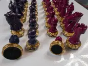 Chess Piece set - Violet Blue Luster and Deep Magenta w Gold Leaf Base, Stunning