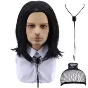 Mens Black Wig and Tie Short Halloween Cosplay Costume Wig Heat Resistant Wig