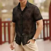 Hot New Vacation Shirt Button-up Vintage Mens Casual See Through Mesh Shirt Tops