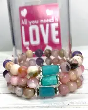 Pink Opal Amazonite Lepidolite Bracelet 925 Sterling Silver