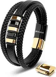[SERASAR] | Premium Genuine Leather Bracelet [Glory] for Men in Black | Magnetic Stainless Steel Clasp in Silver and Gold | Exclusive Jewellery Box | Great Gift Idea