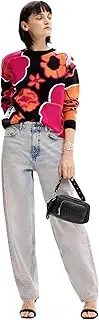 [Desigual] Floral Print Pullover Sweater Long Sleeve Knit Women Black Knitwear