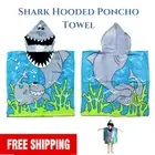 Kids Hooded Beach Pool Towel Poncho Shark Design Cotton