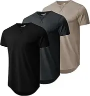 [TEZO] Mens 3 Pack Plain Cotton Shirts Short Sleeve Casual Crew Neck T-Shirts Hipster Hip Hop Longline Tees Drop Cut Curved Hem