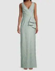 $595 Aidan Mattox Women's Green Jacquard Ruffled V-Neck Gown Dress Size 4