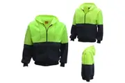 HI VIS Full Zip Fleece-lined Fleecy Hoodie Jumper Safety Workwear Pocket Jacket - Fluro Yellow / Navy