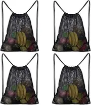 4 Pack Heavy Duty Mesh Drawstring Backpack Bags, Multifunction Ventilated Bag for Soccer ball, Gym Sports Equipment Storage Beach Toys or Swimming Gears Towel, Black, Medium, Traditional Backpacks