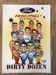 POSTER FORD RACING AUSTRALIA DIRTY DOZEN CHARACTER FACES CARTOON OF RACERS