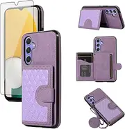 [Asuwish] Phone Case for Samsung Galaxy A14/M14 5G Wallet Cover with Tempered Glass Screen Protector and Crossbody Strap Lanyard Credit Card Holder Stand Cord Cell A 14 4G 14A 14M G5 Women Girls Purple