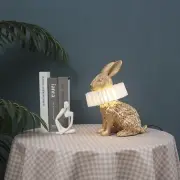 Scarf Rabbit Table Lamp,Resin Crafted Gold Bunny Lamp Featuring White Pleated PC