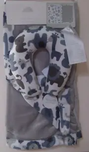 Cloud 9 2 Pc White Gray Blue Reversible Safari Baby Blanket & Neck Travel Pillow