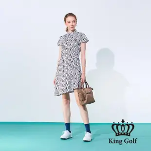 【KING GOLF】實體同步款-女款滿版字母印花刺繡涼感收腰短袖連身裙/高爾夫球洋裝(黑色)