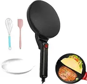 Electric Crepe Maker, 600W New Electric Frying Pan with Basin and Whisk, Automatic Temperature, 20cm Non Stick Electric Hotplate Mini for Crepes, Blintz, Chapati, Pizza, Bread Black