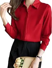 [SaoJeYi-DG] Women's Button Down Chiffon Shirt Long Sleeve Office Slim Fit Satin Tops Business Lapel Blouses