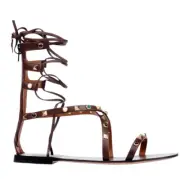 Valentino Rockstud Brown Beaded Strap Gladiator Lace Up Tie Ankle Flat Sandal 38