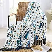 CASAAGUSTO Boho Throw Blanket - Blue and White Decorative Blankets with Tassel, Printed Flannel Bohemian Blanket for Chair, Bed, Sofa, Couch(50 * 60, Blue and White)