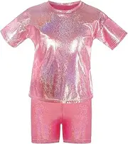 [FEOYA] Kids Boys Girls Shiny Shirts with Metallic Shorts Jazz Short Sleeve Sparkly T-Shirt Modern Hip Hop Performance Dancewear