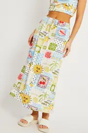 Multi Abstract Midaxi Skirt Relaxed Fit Elastic Waist - Size 8XS, Women's Midi Skirt