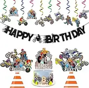 42Pcs Dirt Bike Party Decoration Kit Dirt Bike Extreme Sports Racing Birthday Party Banner Motocross Party Hangling Swirls Cake Topper and Table Centerpieces All-in-One Pack Party Supplies