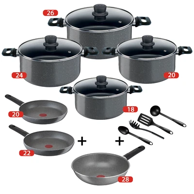 11 Pc Tefal Cooking Set 4Pot &Glass Lid +2 Fry Pan +Wok+4 Spoon Coated In France