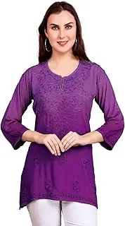 [ladyline] Lucknowi Hand Embroidered Tunic Top Rayon Womens Chikankari Short Kurti Hip Length (CEK NJLS) (38/ Purple), Purple (M)